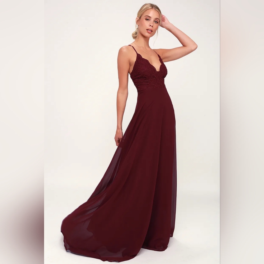 LULUS - Madalyn Burgundy Lace Maxi Dress
